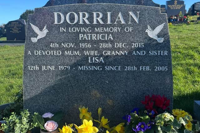 The name of missing woman Lisa Dorrian has now been added to a family headstone. Photo: Dorrian family