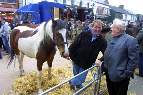 Robert Irvine and Sam Cameron at the Ballyclare Horse Fair in 2002. Picture: Farming Life archives/Kevin McAuley