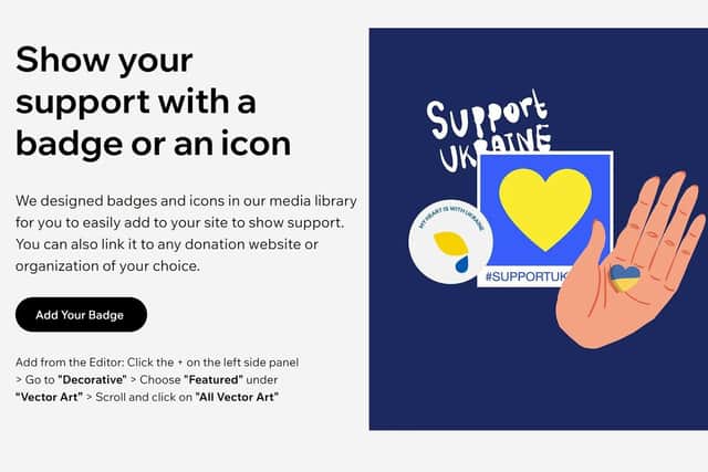 Another screenshot of the Wix website, where the company encourages support for Ukraine in the face of the Russian invasion