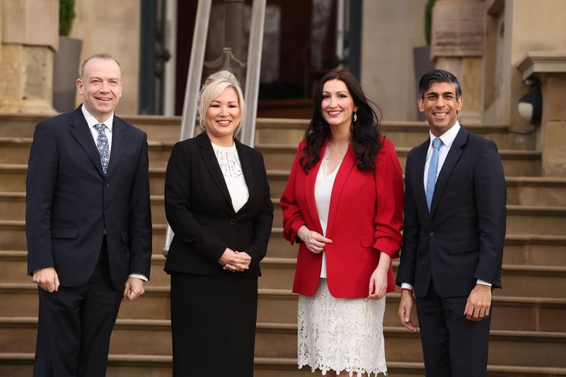 Rt Hon Chris Heaton-Harris, Secretary of State for Northern Ireland, First Minister Michelle O'Neill, Deputy First Minister Emma Little-Pengelly and Rishi Sunak, Prime Minister at Stormont Castle.