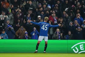 Rangers' Ross McCausland celebrates scoring during the UEFA Europa League Group C draw against Aris Limassol at Ibrox Stadium, Glasgow. PIC: Andrew Milligan/PA Wire.