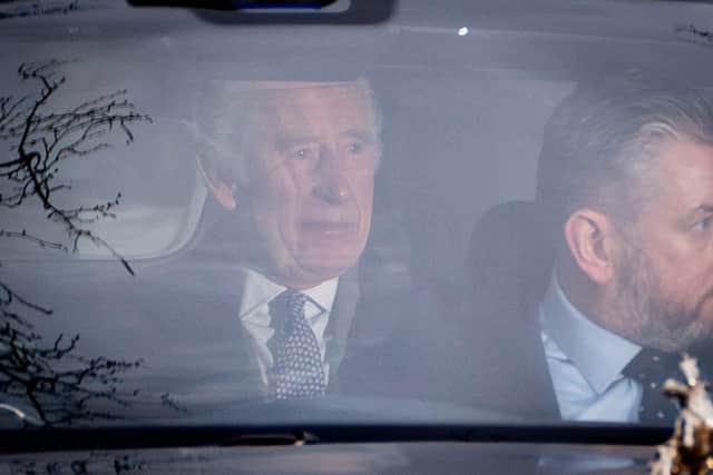King Charles III and Queen Camilla leave Clarence House in London following the announcement of King Charles III's cancer diagnosis on Monday evening