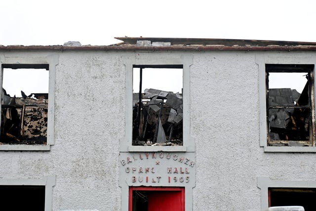 General views of the Ballynougher Orange Hall on the Aghagaksin Road near Magherafelt which was set on fire last night and totally destroyed.