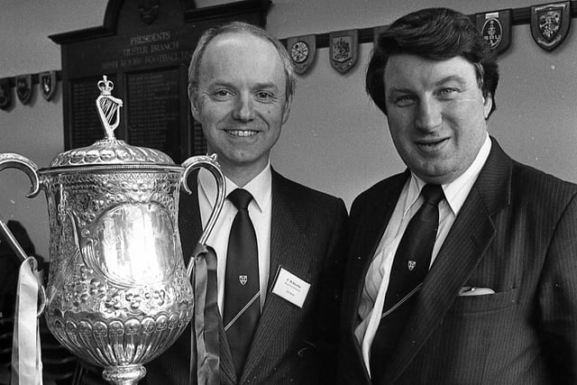 Pictured at Ravenhill at the end of February 1992 is Hugo Ritchie, regional director of the Senior Cup sponsors, AIB. He is alongside Hugh Logan, right, president of the Ulster Branch. They are pictured at the draw of the first round of the competition. Picture: News Letter archives