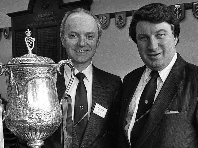 Pictured at Ravenhill at the end of February 1992 is Hugo Ritchie, regional director of the Senior Cup sponsors, AIB. He is alongside Hugh Logan, right, president of the Ulster Branch. They are pictured at the draw of the first round of the competition. Picture: News Letter archives
