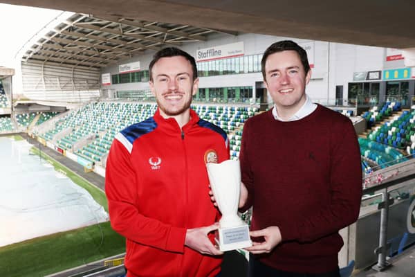 NIFWA Chairman Michael Clarke presents Portadown's Lee Chapman with his January Championship Player of the Month award