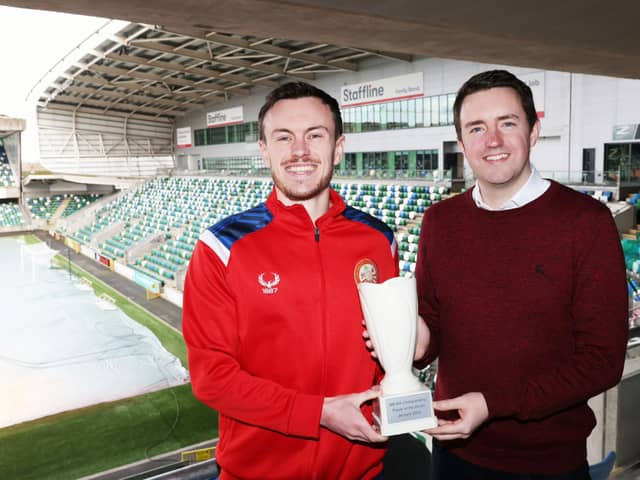 NIFWA Chairman Michael Clarke presents Portadown's Lee Chapman with his January Championship Player of the Month award
