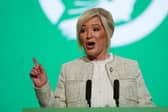 Northern Ireland First Minister and Sinn Fein vice president Michelle O'Neill addresses the Sinn Fein Ard Fheis, at International Convention & Exhibition Centre in Belfast. Picture date: Friday April 24, 2026. PA Photo. Photo credit should read: Brian Lawless/PA Wire