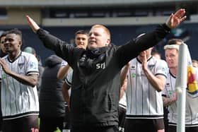 Northern Ireland-born Dunfermline Athletic manager Neil Lennon celebrates after Scottish Cup semi-final success in the penalty shoot-out over Falkirk. (Photo by Steve Welsh/PA Wire)