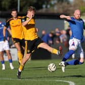 Linfield's Chris Shields (right) competing against Aidan Steele in the 2-2 draw with Carrick Rangers. (Photo by Desmond Loughery/Pacemaker Press)