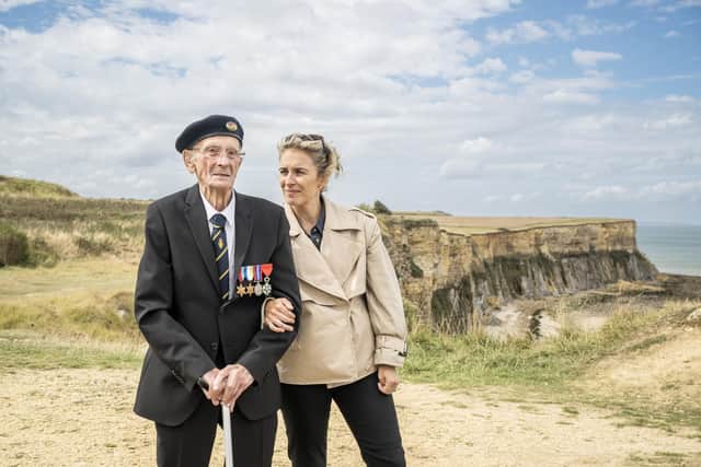 Vicky McClure and her Grandad Ralph visit Cap Manvieux overlooking remains of Mulberry Harbour in France