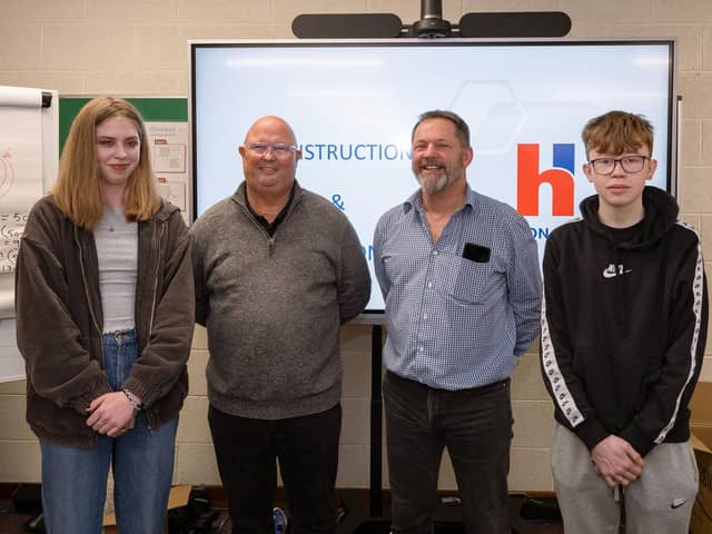 Two former students who studied construction at Northern Regional College in Ballymena, returned to their ‘alma mater’ to speak to current students about career opportunities in the construction industry. Included are Scarlett McArthur from Ballyclare, Richard Lennox, architectural technology and associate with Belfast company Isherwood & Ellis Architects, Colin Michael, Heron Bros, project manager for the College’s new campus in Ballymena and Adam Little, Cullybackey. Scarlett and Adam are both in the first year of a BTEC Level 3 Extended Diploma in Construction and the Built Environment