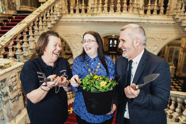 Deputy Lord Mayor of Belfast City Council Councillor Michelle Kelly is pictured at the launch of Belfast Learning Festival at City Hall with Chair of Belfast Learning City Danny Power and Anita Rankin from Magpies Ladies’ Garden who will participate in the week-long programme of events