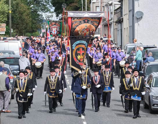 Host Chapter Moneymore Golden Knights RBP 313 - who are celebrating 150 years - leading the parade at the Royal Black Preceptory demonstration staged in Moneymore.