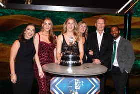 Mary Earps poses with the trophy alongside friends and family after winning the BBC Sports Personality of the Year award held at MediaCityUK, Salford. (Photo by David Davies/PA Wire)