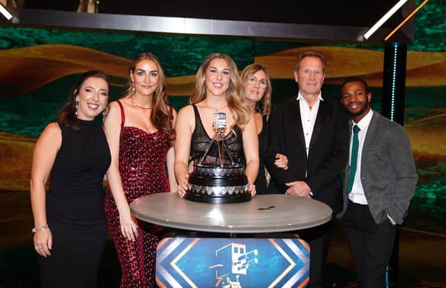 Mary Earps poses with the trophy alongside friends and family after winning the BBC Sports Personality of the Year award held at MediaCityUK, Salford. (Photo by David Davies/PA Wire)