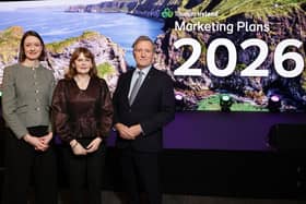 Chief Executive of Tourism Ireland, Alice Mansergh, Economy Minister, Dr Caoimhe Archibald MLA and Chairman of Tourism Ireland, Christopher Brooke, at the launch of Tourism Ireland's 2026 marketing strategy and plans in Belfast