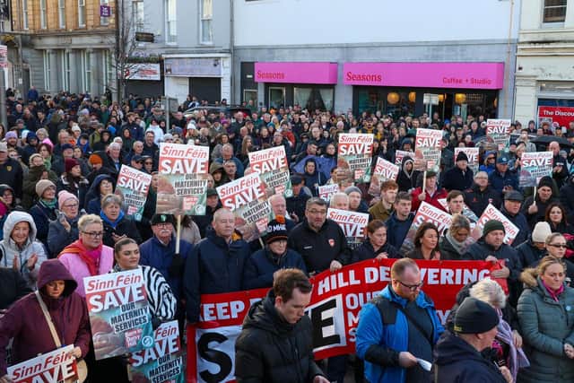 Some of the huge crowd pictured at the rally in Marcus Square on Sunday against the closure of maternity services in Newry. NM264368