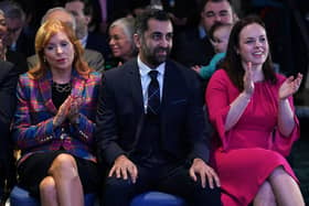 From left to right: Ash Regan, Humza Yousaf and Kate Forbes at Murrayfield Stadium in Edinburgh, after it was announced Humza Yousaf is the new Scottish National Party leader, and will become the next First Minister of Scotland. 
Picture date: Monday March 27, 2023.