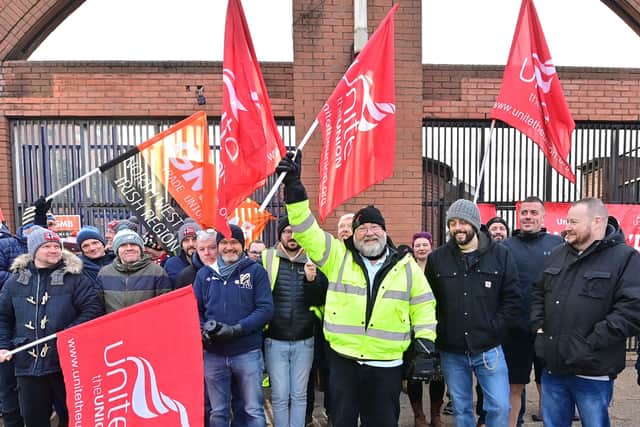 Translink staff on the picket line at the Europa Bus Station in Belfast on 1 December 2023. Unite, GMB and SIPTU union members voted in favour of the strike over what they have described as a "pay freeze".
Pic Colm Lenaghan/Pacemaker