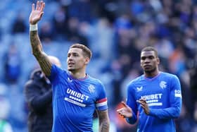 Rangers' James Tavernier (left) gestures towards the fans following during the cinch Premiership match at Ibrox Stadium, Glasgow. PIC: Jane Barlow/PA Wire.