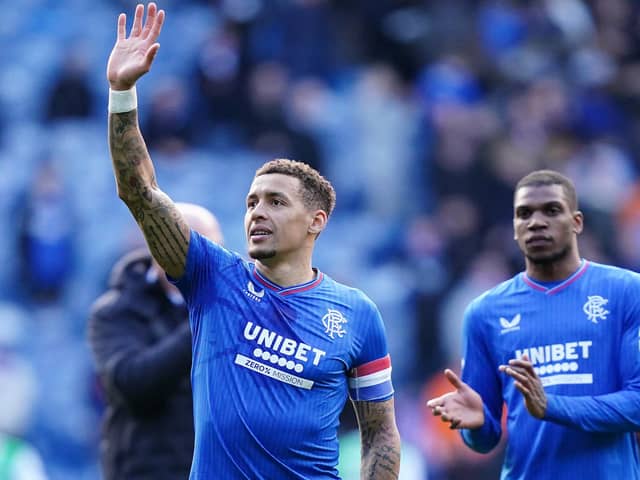 Rangers' James Tavernier (left) gestures towards the fans following during the cinch Premiership match at Ibrox Stadium, Glasgow. PIC: Jane Barlow/PA Wire.