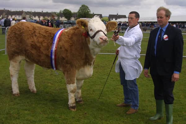 Frank Kelly from Tempo with his champion Simmental cow with judge David Bell at the Ballymena Show in 2002. Picture: Farming Life archives/Kevin McAuley