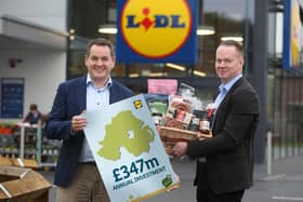 Lidl Northern Ireland, the region’s fastest-growing supermarket retailer, has ploughed a record £347m into the agri-food industry here in the last financial year ending February 2022 and supported 60 local producers to success, a new impact report has revealed. Pictured are J.P. Scally, chief executive of Lidl Ireland and Lidl NI and Conor Boyle, regional managing director Lidl NI