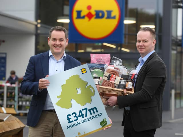 Lidl Northern Ireland, the region’s fastest-growing supermarket retailer, has ploughed a record £347m into the agri-food industry here in the last financial year ending February 2022 and supported 60 local producers to success, a new impact report has revealed. Pictured are J.P. Scally, chief executive of Lidl Ireland and Lidl NI and Conor Boyle, regional managing director Lidl NI