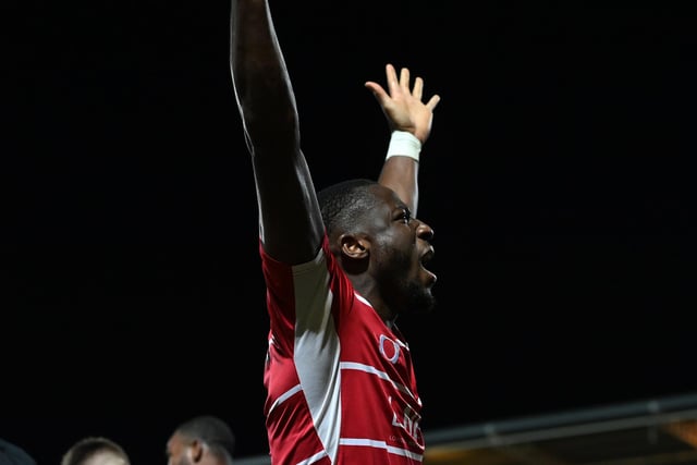 Joseph Olowu celebrates scoring Rovers' second against Accrington.