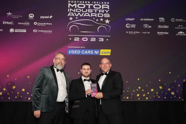 Over 480 motoring professionals representing more than 40 of Northern Ireland’s leading automotive businesses came together to celebrate their achievements at the Northern Ireland Motor Industry Awards. Pictured at the event are Tony Salt, Saltmarine Cars, Rising Star winner Shane Devlin,  Saltmarine Cars and James Dempster, head of sales at Northridge Finance