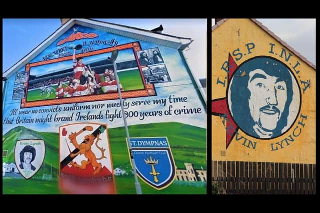 A mural honouring Kevin Lynch GAA club in Dungiven, named after a prominent INLA man; and right, an INLA mural honouring the man himself