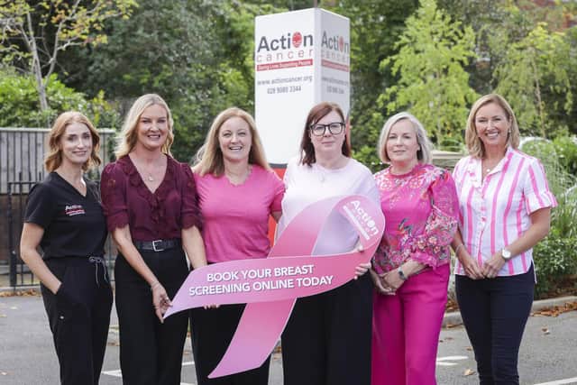 Pictured at Action Cancer House for the charity's Breast Cancer Awareness Month launch are, from left, Donna Kelly, lead advanced practice radiographer, Action Cancer; Fiona McQuillan, pharmacist, Gordons Chemists; Shauna Benson, ambassador, Action Cancer; Alison Flynn, ambassador, Action Cancer; Sandra Kelly, ambassador, Action Cancer; and Claire McCollum, BCAM event host