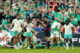 Ireland players celebrate Rugby World Cup success over South Africa at the Stade de France in Paris. (Photo by Gareth Fuller/PA Wire)