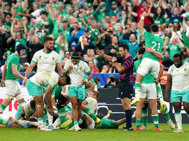 Ireland players celebrate Rugby World Cup success over South Africa at the Stade de France in Paris. (Photo by Gareth Fuller/PA Wire)