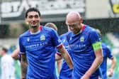 Linfield's Chris Shields celebrates his goal in the Blues' win over Bangor. (Photo by David Maginnis/Pacemaker Press)