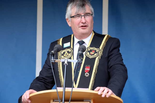 Lord Tom Elliott addressing the crowds in Brookeborough in 2019. Photo: John McVitty