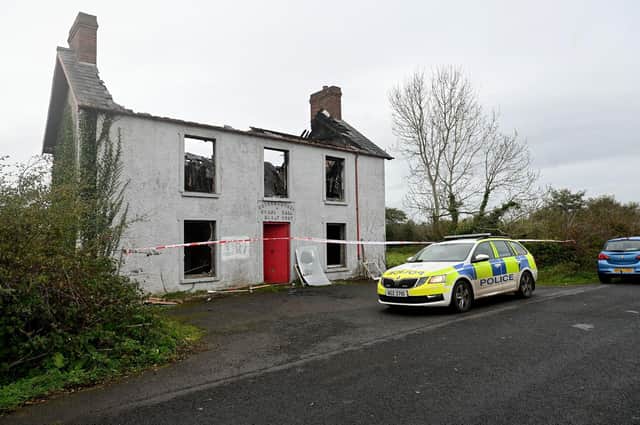 General views of the Ballynougher Orange Hall on the Aghagaksin Road near Magherafelt which was set on fire last night and totally destroyed.