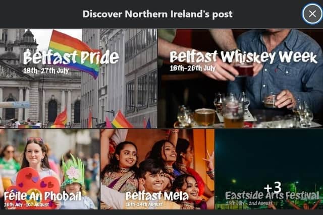 Discover Northern Ireland's post on July 11, plugging Pride and the Feile among seven festivals - but ignoring the Twelfth. Picture: Discover Northern Ireland/Facebook