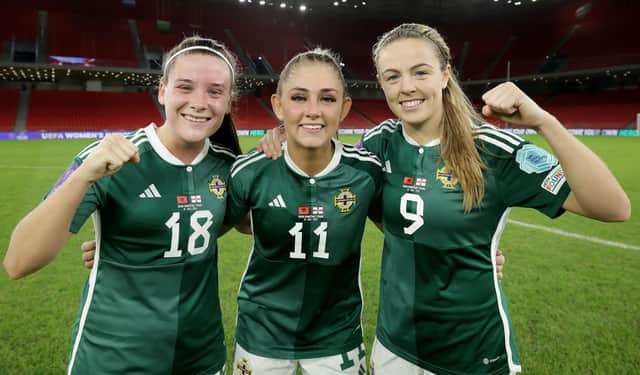 Northern Ireland goalscorers Megan Bell, Danielle Maxwell and Simone Magill after defeating Albania by 4-0 across the UEFA Women’s Nations League game at the National Stadium in Tirana. (Photo by William Cherry/PressEye)