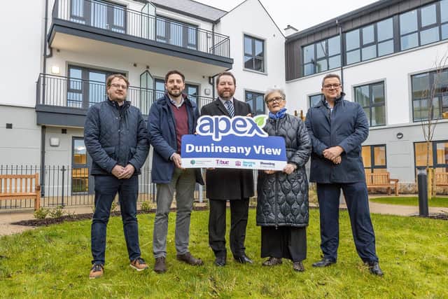 Pictured at the newly developed Dunineany View in Ballycastle L-R: Stephen Lowry (Lowry Construction), Barry Kerr (Apex Housing Association), Eddie Lynch (Commissioner for Older People), Siobhan Porter (Apex Housing Association) and Lawrence Power (KnoxClayton Architects).