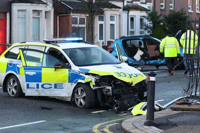 Two police officers and a member of the public were taken to hospital following a two-vehicle road traffic collision on the Albertbridge Road in east Belfast on Friday morning. Picture: Pacemaker