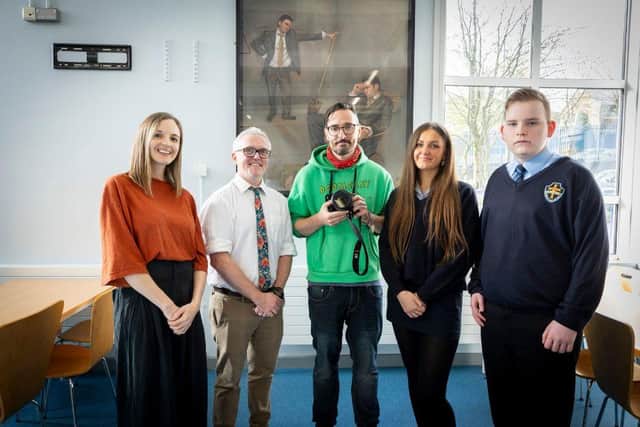 2.	Pictured (L-R) are Joanna Johnston, Arts Council of Northern Ireland, Séanda Billings, Head of Art, Mercy College, Robin Price, artist, and Mercy College students who took part in the workshop.
