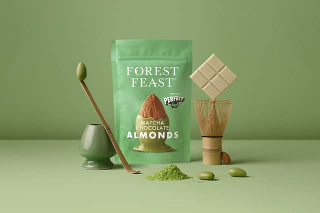 The new Matcha Chocolate Almonds snack created by Forest Feast with London’s top matcha tea company PerfectTed