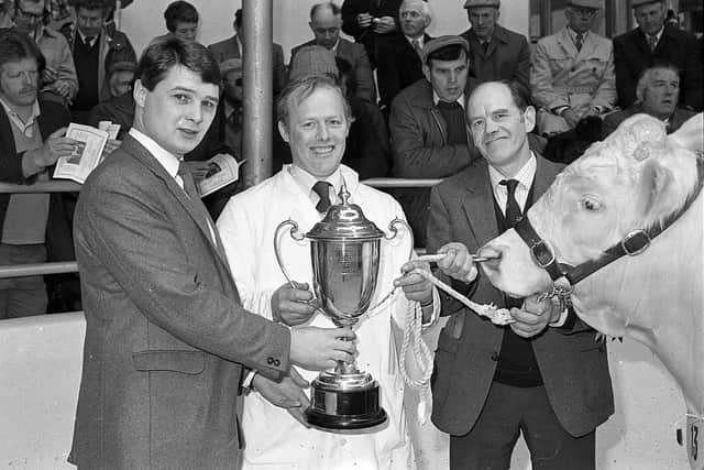 Pictured in March 1983 is John Prentice who is seen handing over the Farming Life Trophy to James and Robert Simpson for their best pair of Charolais, by the same sire, bred by exhibitor at a Charolais show and sale which was held at the Automart, Portadown. Picture: News Letter archives/Darryl Armitage
