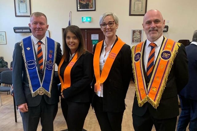 Brother Kyle Thompson, Portballintrae Royal Blues LOL 1142, Sister Stephanie Purcell, Daughters of Dalriada WLOL 234, Sister Trudi Thompson, Daughters of Dalriada WLOL 234 and Brother Karl Smith, Preston’s LOL 1987 pictured after the service