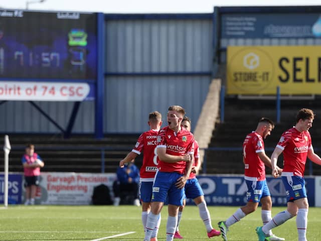 Linfield's Christopher McKee celebrates his goal at the Coleraine Showgrounds