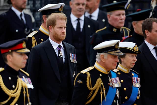 The Duke of Sussex, King Charles III, the Princess Royal and Peter Phillips at the State Funeral of Queen Elizabeth II, held at Westminster Abbey, London. Picture date: Monday September 19, 2022.
