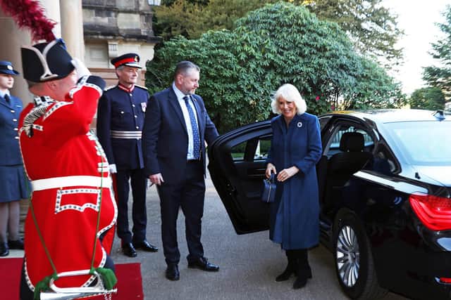 Queen Camilla arriving at Hillsborough Castle, marking the start of her official visit to Northern Ireland