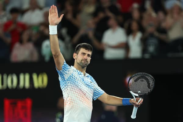 Novak Djokovic celebrates after winning winning his quarter-final match against Andrey Rublev in the Australian Open at Melbourne Park. (Photo by Cameron Spencer/Getty Images)
